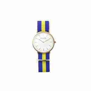 Reloj dorado correa nylon azul y amarilla