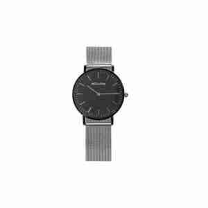 reloj negro correa malla plata